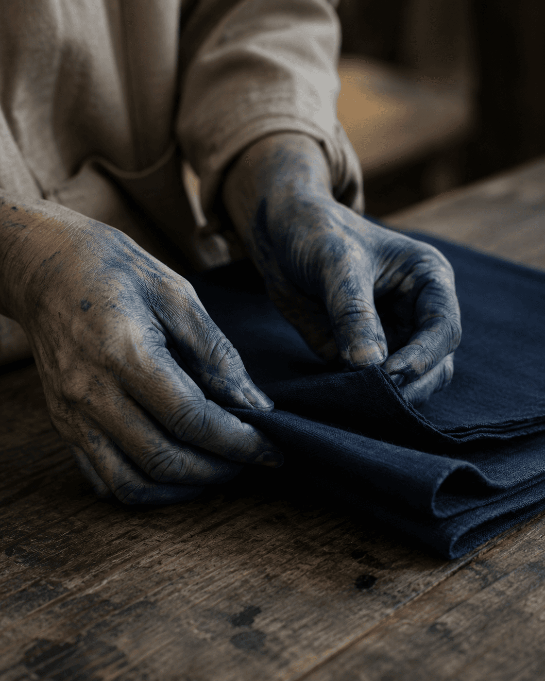 Indigo-stained hands folding cloth