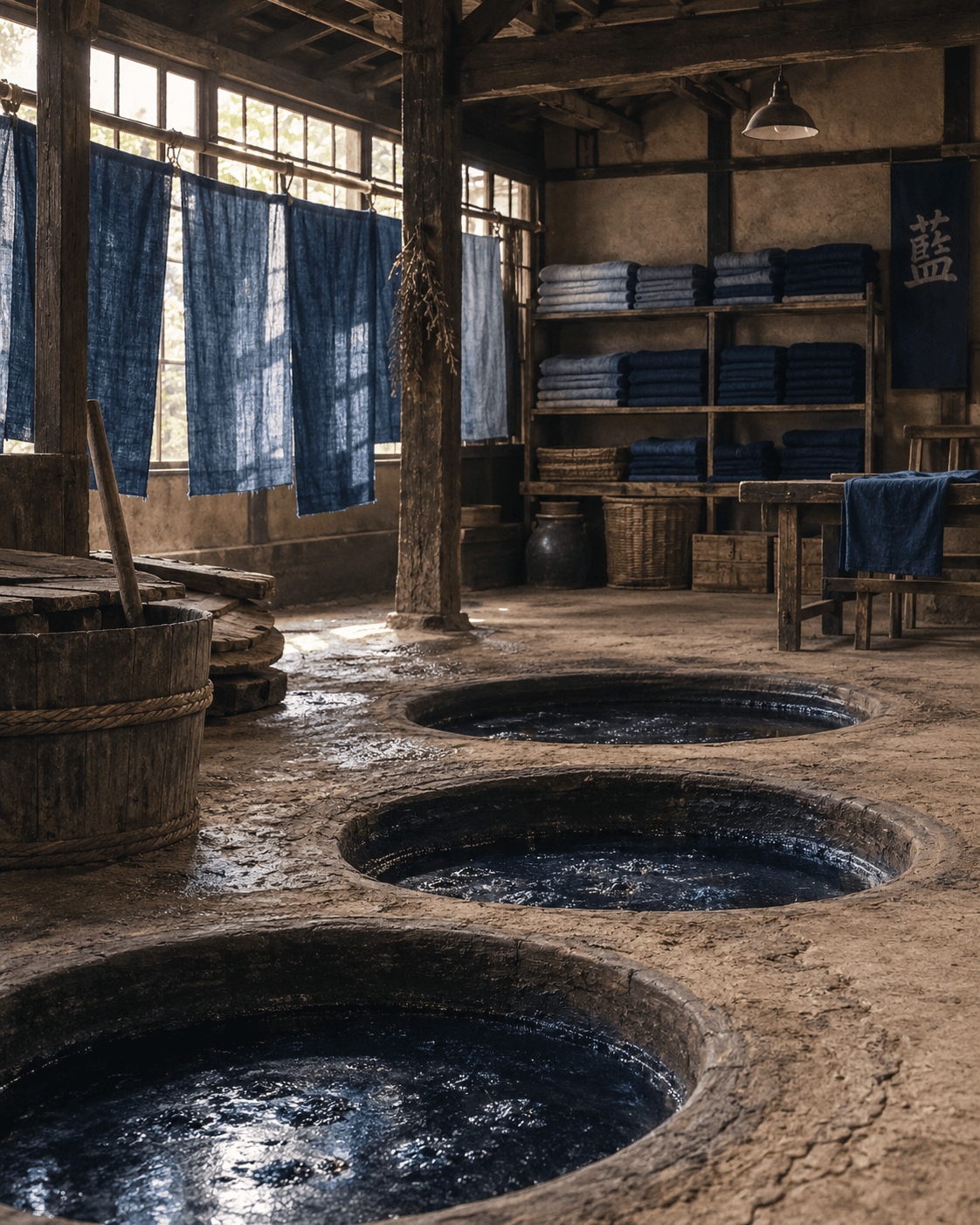 Atelier with indigo vats and hanging cloth